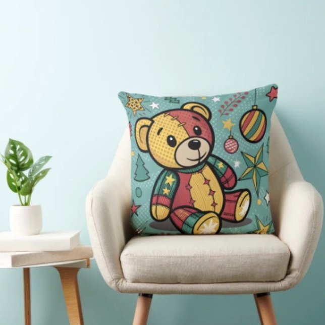 Whimsical Patchwork Christmas Teddy Bear Cushion (Throw Pillow 100% polyester heavyweight stretch material. Hidden zipper Made in the USA.
)
