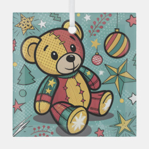 Whimsical Patchwork Christmas Teddy Bear Glass Tree Decoration