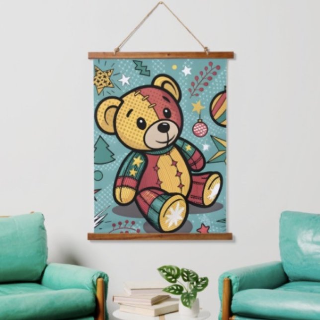 Whimsical Patchwork Christmas Teddy Bear Hanging Tapestry (Wood topped 100% polyester hemmed edges twine for hanging. 
)