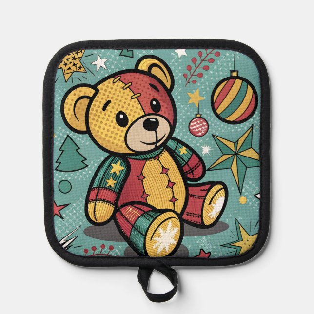 Whimsical Patchwork Christmas Teddy Bear Pot Holder (Front)