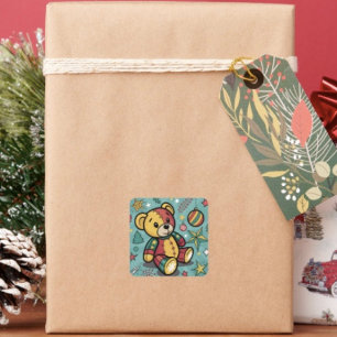 Whimsical Patchwork Christmas Teddy Bear Square Sticker
