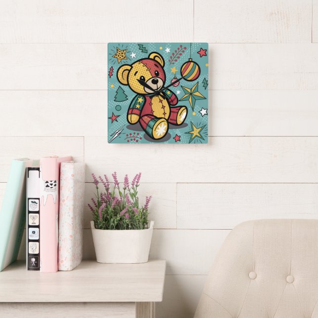 Whimsical Patchwork Christmas Teddy Bear Square Wall Clock (Reading Room)