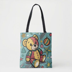 Whimsical Patchwork Christmas Teddy Bear Tote Bag