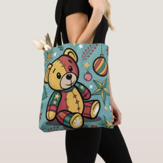Whimsical Patchwork Christmas Teddy Bear Tote Bag