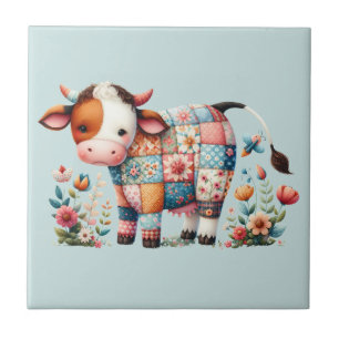 Whimsical Patchwork Cow With Floral Accents Ceramic Tile