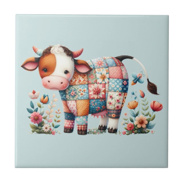 Whimsical Patchwork Cow With Floral Accents Ceramic Tile (Front)