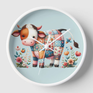 Whimsical Patchwork Cow With Floral Accents Clock