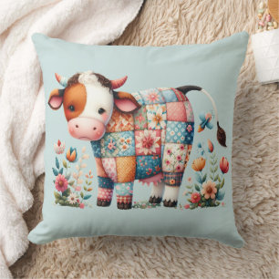 Whimsical Patchwork Cow With Floral Accents Cushion
