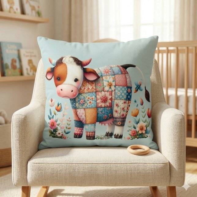 Whimsical Patchwork Cow With Floral Accents Cushion (Whimsical Patchwork Cow With Floral Accents Throw Pillow Mockup A)