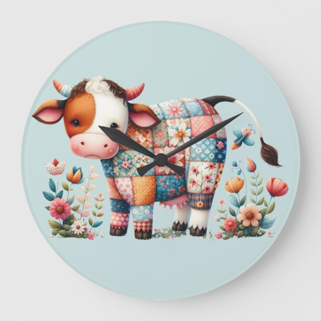Whimsical Patchwork Cow With Floral Accents Large Clock (Front)