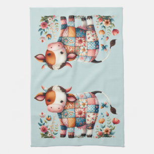 Whimsical Patchwork Cow With Floral Accents Tea Towel