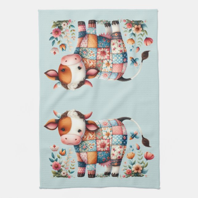 Whimsical Patchwork Cow With Floral Accents Tea Towel (Vertical)