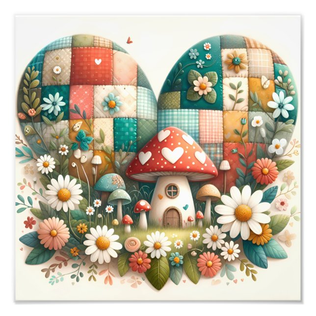 Whimsical Patchwork Heart Mushroom House Photo Print (Front)