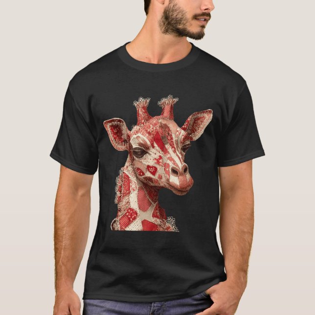Whimsical Patchwork Hearts Romantic Giraffe  T-Shirt (Front)