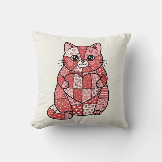 Whimsical Patchwork Kitten Holding Heart Art Cushion (Front)
