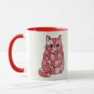 Whimsical Patchwork Kitten Holding Heart Art Mug
