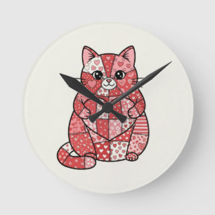 Whimsical Patchwork Kitten Holding Heart Art Round Clock