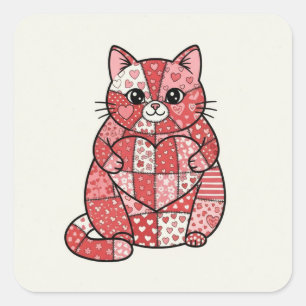Whimsical Patchwork Kitten Holding Heart Art Square Sticker