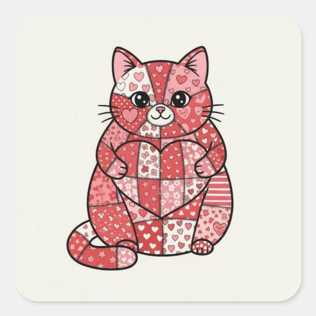 Whimsical Patchwork Kitten Holding Heart Art Square Sticker (Front)