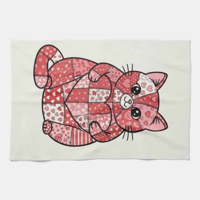 Whimsical Patchwork Kitten Holding Heart Art Tea Towel (Horizontal)