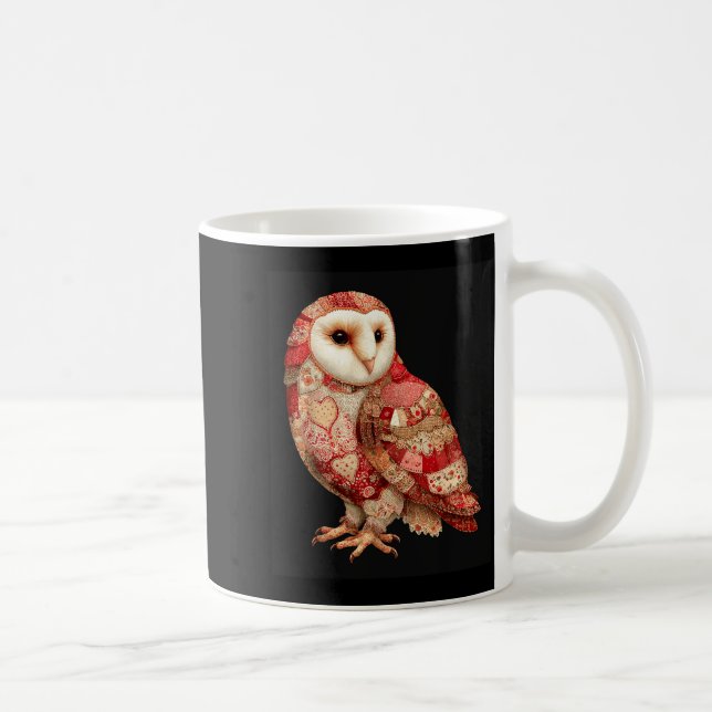 Whimsical Patchwork Owl With Hearts Pattern  Coffee Mug (Right)