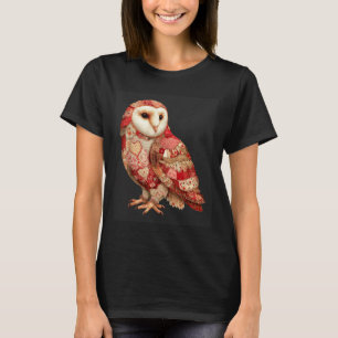 Whimsical Patchwork Owl With Hearts Pattern T-Shirt