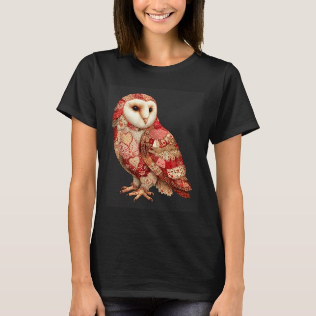 Whimsical Patchwork Owl With Hearts Pattern  T-Shirt (Front)