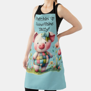 Whimsical Patchwork Pig in Floral Garden Apron