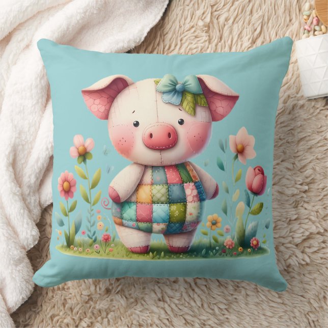 Whimsical Patchwork Pig in Floral Garden Cushion (Blanket)