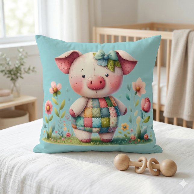 Whimsical Patchwork Pig in Floral Garden Cushion (Whimsical Patchwork Pig in Floral Garden Throw Pillow Mockup A)