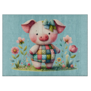 Whimsical Patchwork Pig in Floral Garden Cutting Board