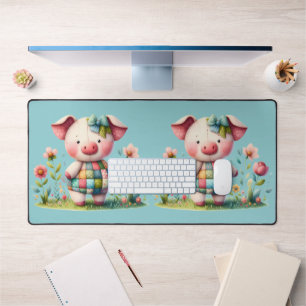 Whimsical Patchwork Pig in Floral Garden Desk Mat