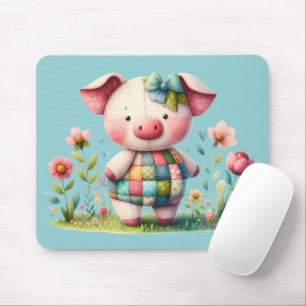 Whimsical Patchwork Pig in Floral Garden Mouse Pad