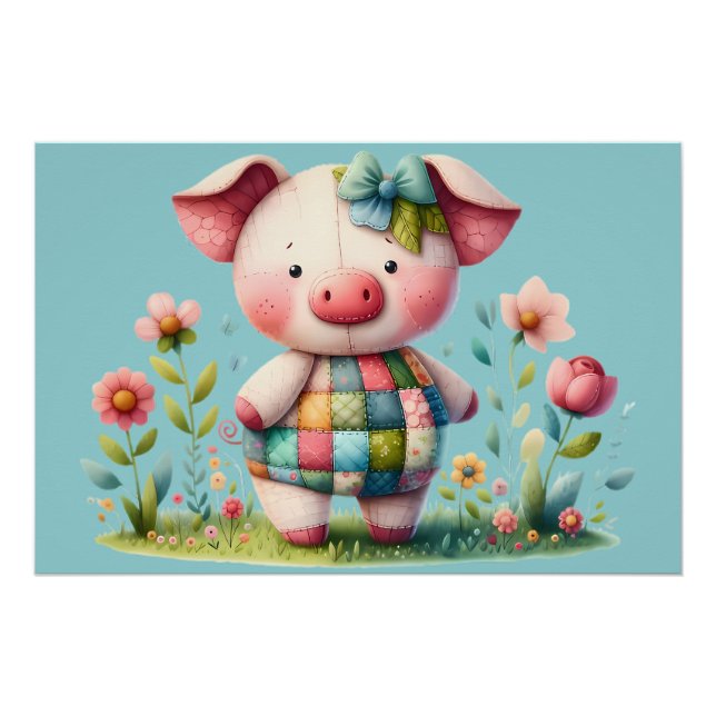 Whimsical Patchwork Pig in Floral Garden Poster (Front)