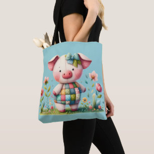 Whimsical Patchwork Pig in Floral Garden Tote Bag