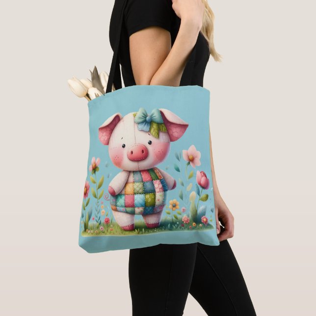 Whimsical Patchwork Pig in Floral Garden Tote Bag (Close Up)