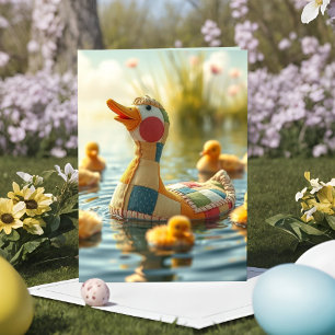 Whimsical Patchwork Plush Duck Mama Joyful Easter Holiday Card