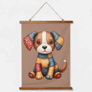 Whimsical Patchwork Puppy Cottagecore Folk Art Hanging Tapestry