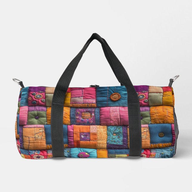 Whimsical Patchwork Quilt Pattern: Colorful Design Duffle Bag (Front)