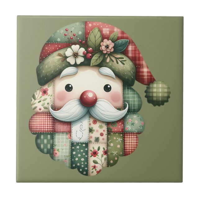 Whimsical Patchwork Santa Folk Christmas Ceramic Tile (Front)