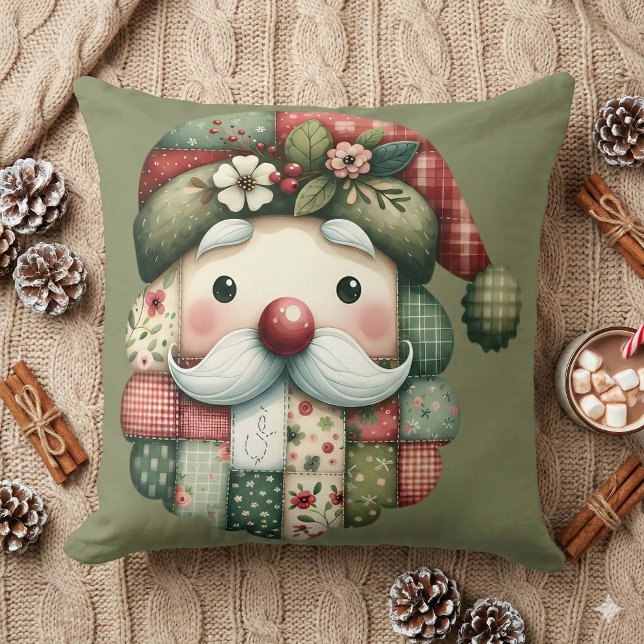 Whimsical Patchwork Santa Folk Christmas Cushion (Whimsical Patchwork Santa Folk Christmas Throw Pillow Mockup A)