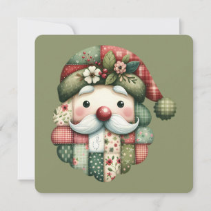 Whimsical Patchwork Santa Folk Christmas Flat Card