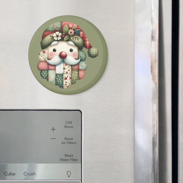 Whimsical Patchwork Santa Folk Christmas Magnet (In Situ (Fridge))