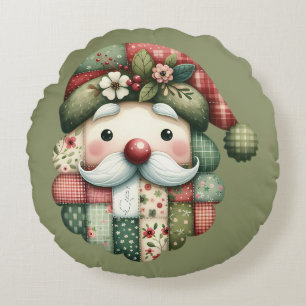 Whimsical Patchwork Santa Folk Christmas Round Cushion