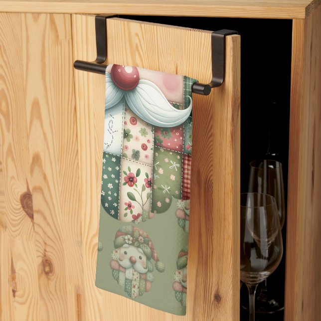 Whimsical Patchwork Santa Folk Christmas Tea Towel (Thirds Fold)