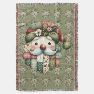 Whimsical Patchwork Santa Folk Christmas Throw Blanket
