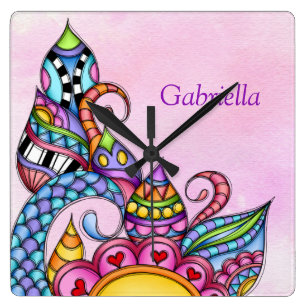 Whimsical Patterns Shapes and Swirls Square Wall Clock