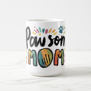 Whimsical "Pawsome MOM" Graphic with Colorful Paws Coffee Mug