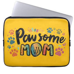 Whimsical "Pawsome MOM" Graphic with Colorful Paws Laptop Sleeve