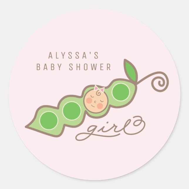 Whimsical Pea in a Pod Girl Baby Shower Sticker (Front)